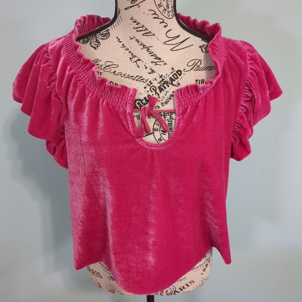 Free People Terese Velour Short Puff Sleeve Keyhole Tie Neck extra small xs hot